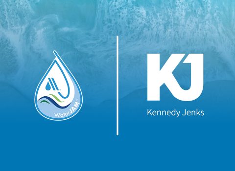 Background image of a shoreline with WaterJam and KJ logos in overlayed.