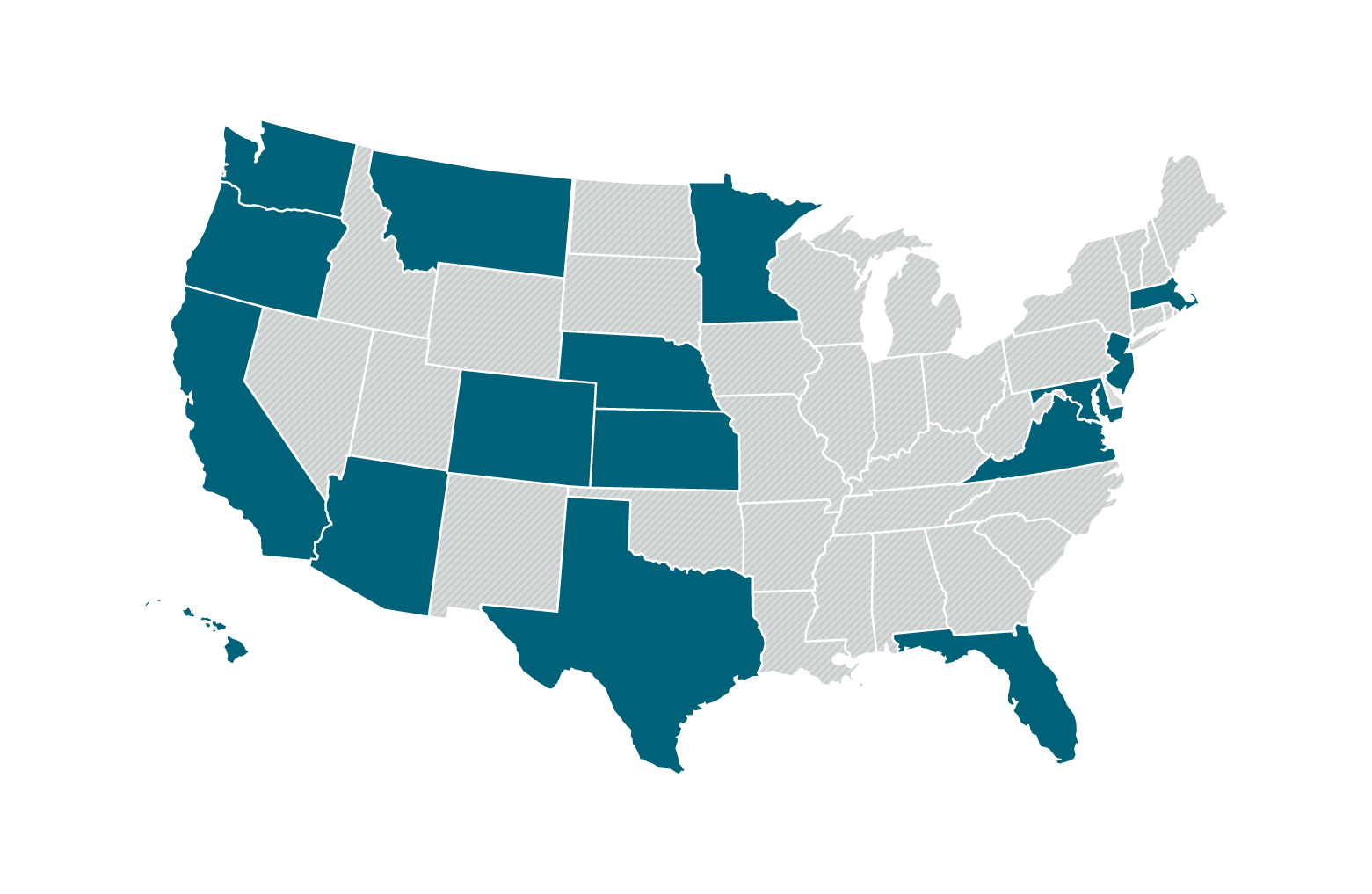 A map of KJ's office locations. States where KJ has an office are dark teal and states without an office are light grey.