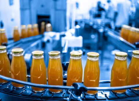 Factory interior of beverage, Production line of manufacturing and packaging juice products, Close up, Glass bottles with screw caps standing on a conveyor belt