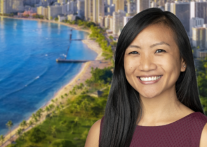 Headshot of Alicia Suzuki, a young woman with dark hair and a bright smile against the backdrop of Hawai'i